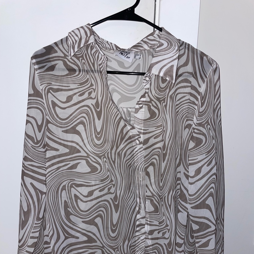 Grey / brown and white sheer long sleeve shirt / cardigan